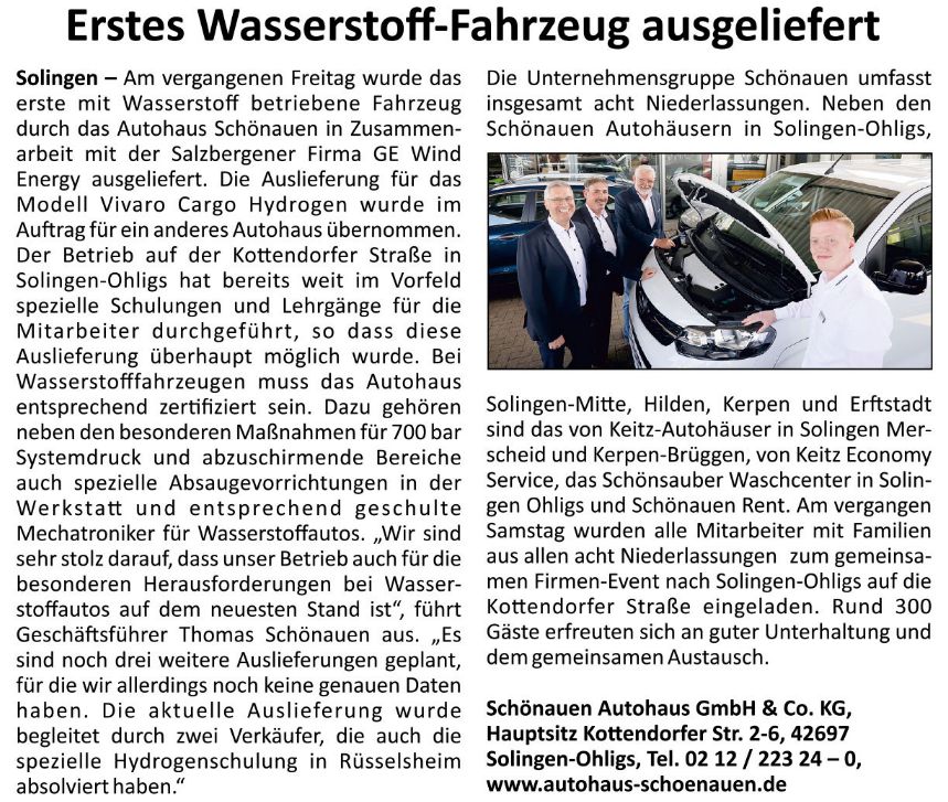Erstes Wasserstoffauto: Auslieferung bei Schönauen Autohaus in Ohligs